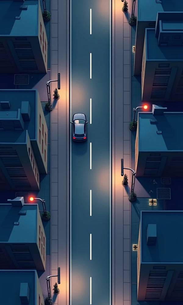 "A seamless top-down illustration of a single-lane road running vertically, with clear white partitions dividing the lane. The road is set in a nighttime city environment, surrounded by urban buildings, streetlights, and faint city lights. The design ensur...