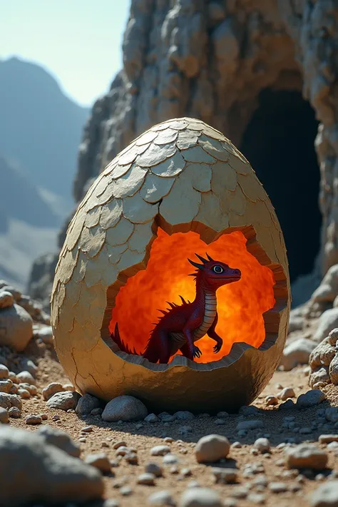 The image shows a large white egg with a scaly texture in a rocky environment. The egg breaks and a small red dragon is positioned in front of a dark cave, from which a bright orange light emanates, revealing the presence of fire or lava inside. In the bac...