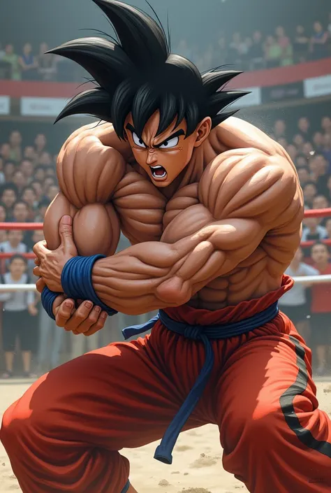 goku (s ) tournament wearing red shorts with a black line ,  barefoot and shirtless  , fighting in a grappling  