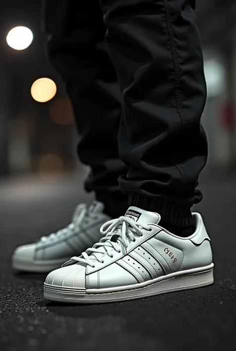 pov  shot of stomping on ciggerates with grunge aesthetic, white adidas superstars 1995 picture quality,grain, street concrete,night time, camera flash , old picture quality ,dark setting,dark lighting,dramatic moody
