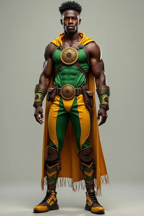 Handsome Jamaican TEEN YOUNG Male. Jamaica traditional clothing inspired SUPERHERO outfit. Full body. Realistic. NO CAPE. NO BEARD