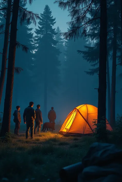 A realistic digital art of a team camping trip in the forest, team members are above five members, away from Tigers are running toward the tent to attack , night view, realistic, cinematic color mood, 8k resolution.