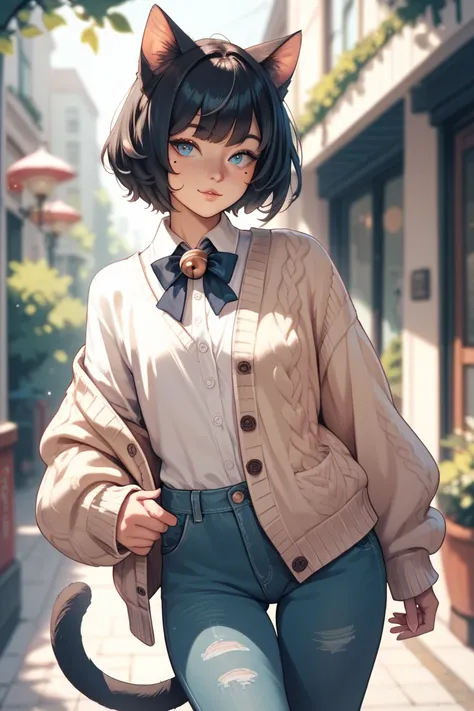 femboy, catboy, black hair, puffy tail with a bow, beauty marks, blue, bell, short hair, casual, high waisted pants, giant loose cardigan, cozy,