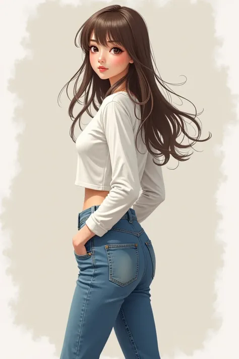 Create  girl with brown hair bangs and with white long sleeve crop top and jeans FULL BODY