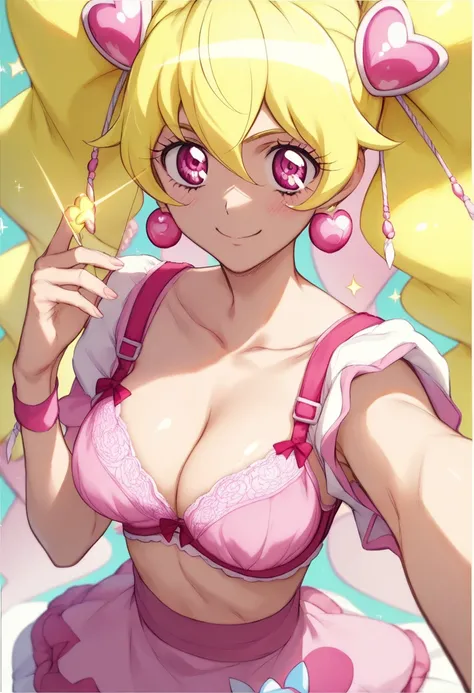 animeソース　（anime）　（ Official Art）　（ very detailed）　 high definition 　 High Quality 　 detailed background、 shiny skin、 pose、 CURE PEACH、 Big Breasts 　 pink eyes　 selfie 　blush　smile　 twin tails　 bra
