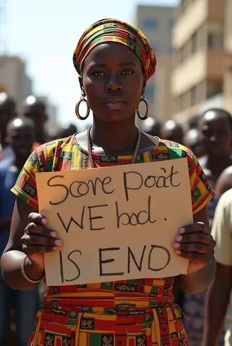 A Burkinabe lady holding a sign in her hand demanding peace in the country 