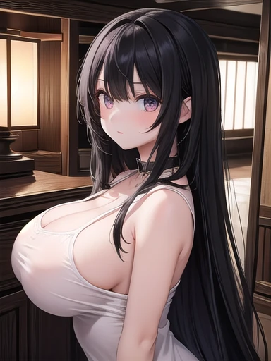  high school girl,  black semi-long hair ,  dark eyes, shrine, big breasts、 black hair long hair, big breasts