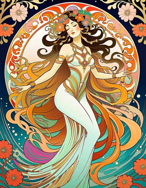 Feminine Art ,  Art Nouveau Posters  , Hallucinatory, Hypnotic Patterns , Abstract, Euphoric,  Fluid Shapes ,  jewelry, flower.  flat illustration .  Negative Space in the Shape of a Dancing Goddess . Japanese、Ancient Goddess, Abstract Painting,  70s funk ...