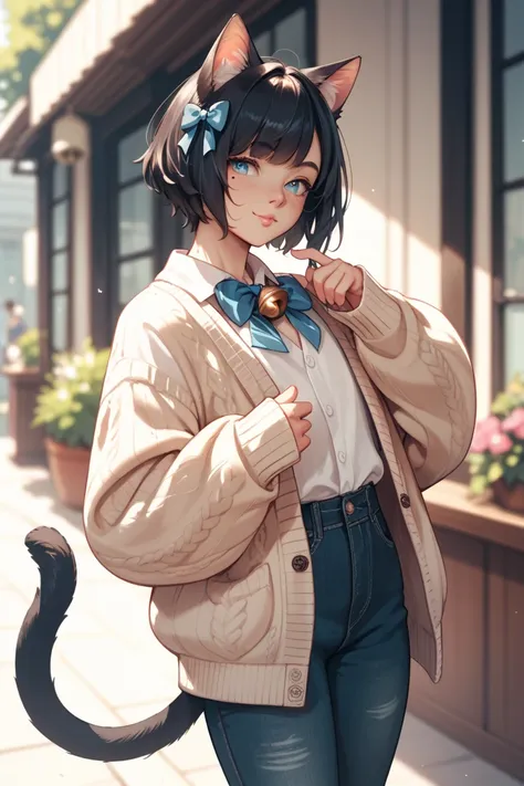 femboy, catboy, black hair, puffy tail with a bow, beauty marks, blue, bell, short hair, casual, high waisted pants, giant loose cardigan, cozy,