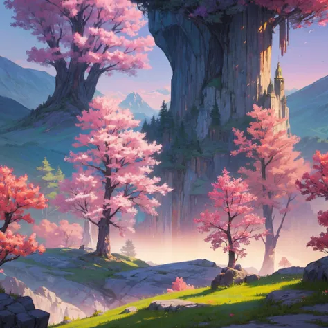  Beautiful fantasy background for a 2D platformer with mountains and trees.  Colors gradient from dark purple to bright pink 