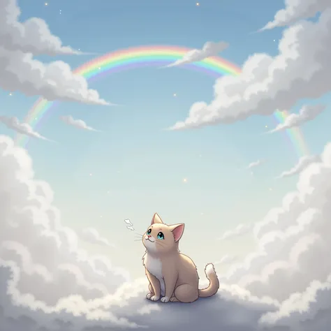 Un chat assis sur des nuage regardant un arc en ciel 

