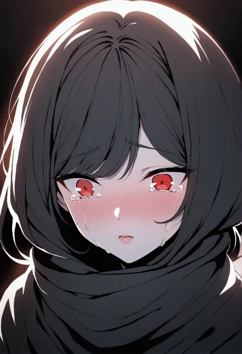 anime girl, 1girl, black hijab, black outfit, crying, detailed eyes, red nose, detailed lips, blush,manhwa style, cinematic lighting, dramatic lighting, high contrast, emotional, hyper-detailed, intricate details, vibrant colors, masterpiece, bubble text