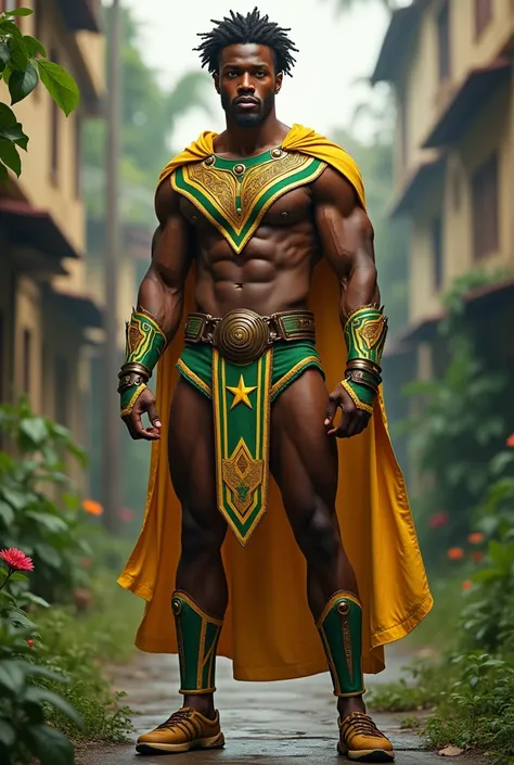 Handsome Jamaican TEEN YOUNG Male. Jamaica traditional clothing inspired SUPERHERO outfit. Full body. NO CAPE. NO BEARD. COVER BODY.