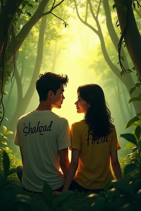 A couple sit in jungle in romantic mood and write some words on boy shirt like 
 ︎꧁Shahzad︎꧂ and some words write on shirt of girl like ︎꧁Fozia︎꧂