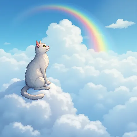 Un chat assis sur des nuage regardant un arc en ciel 

Avec de belle couleurs un saturé 