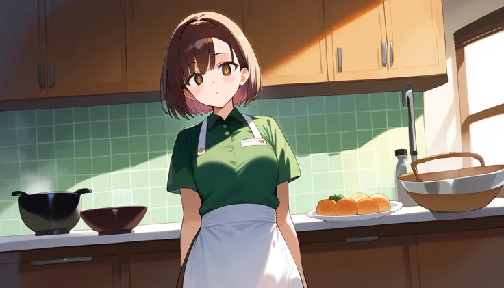 score_9, score_8_up, score_7_up, best quality,  1 lady, brown short hair, brown slant eyes, green polo shirt, white apron, standing, facing viewer, look at viewer, kitchen