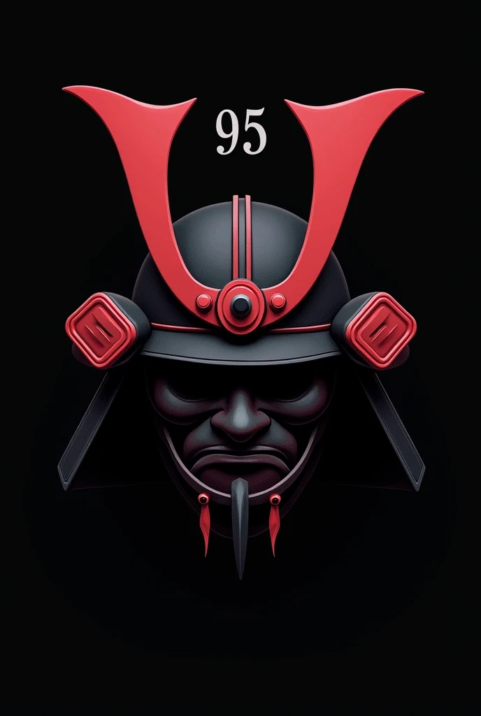  Give me the mask of a samurai on a black background,  with red and gray colors , all dark ,  above the number 95 , everything in 2d 