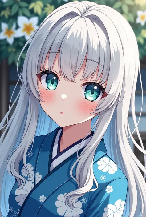  1 girl, Cold and silent , long silver hair ,  The tips of the hairs are light red and blue with green eyes, blue and white floral kimono、 high definition ,  Illustrations , anime, Clusters with spider lilies in the background 、Japanese house、 take a close...