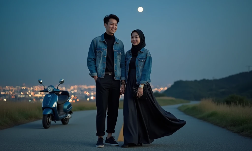 Couple photoshoot. A handsome Korean man and a beautiful Korean Muslim woman in hijab smile, the man wears a black Turtleneck and denim jacket, long pants, sneakers, fans, while the woman wears a luxurious black-gold Muslim dress and denim jacket, stylish,...