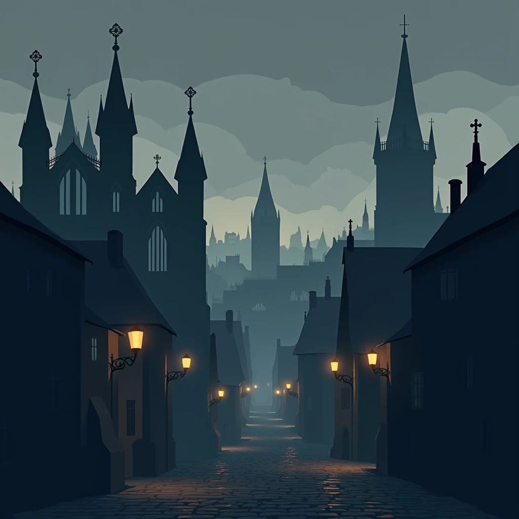  creates a setting in the Gothic style of the Middle Ages .  this image must be of flat vectors without so much detail and must not have any characters in it, Only the stage  