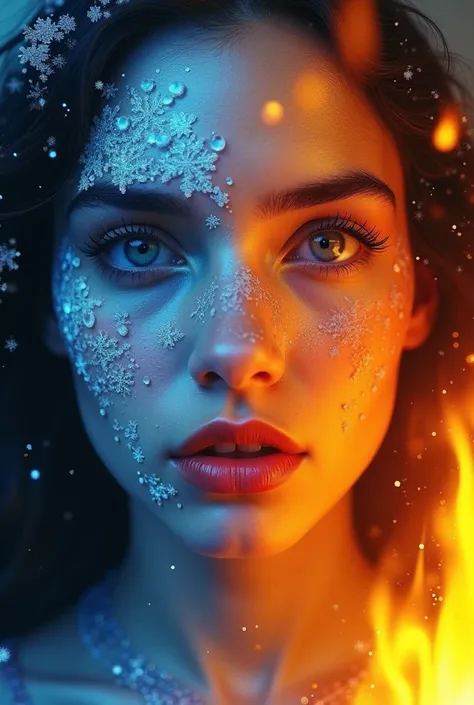 Limage représente un portrait stylisé dune femme dont le visage est divisé en deux, lune moitié ornée de motifs de glace bleue et lautre de flammes orangées, symbolisant une dualité entre le feu et la glace., Limage est un portrait rapproché dune jeune fem...