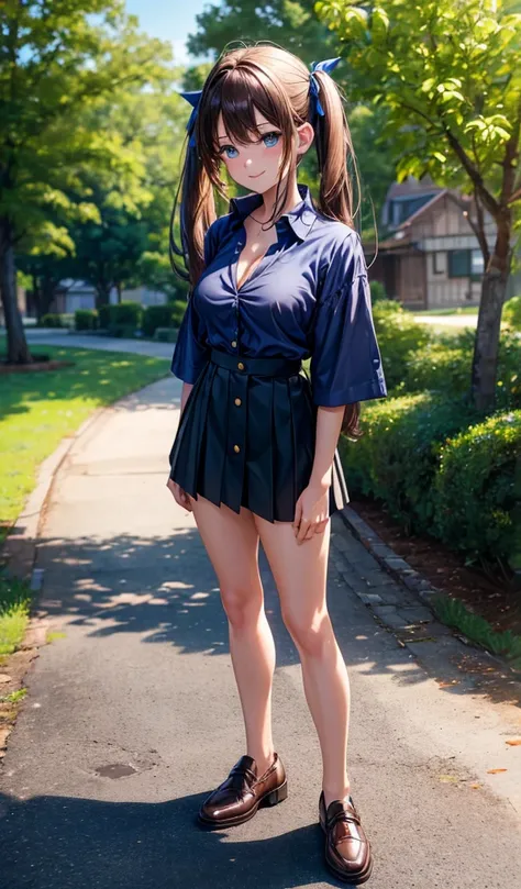 1girl, ((full body)), solo, summer, trees, water, house, fantasy landscape, brown hair, twintail, large full breasts, button down, dark blue eyes, ((dark blue silk shirt)), ((short sleeved shirt)), ((unbuttoned shirt)), (unbuttoning shirt), (cleavage), che...