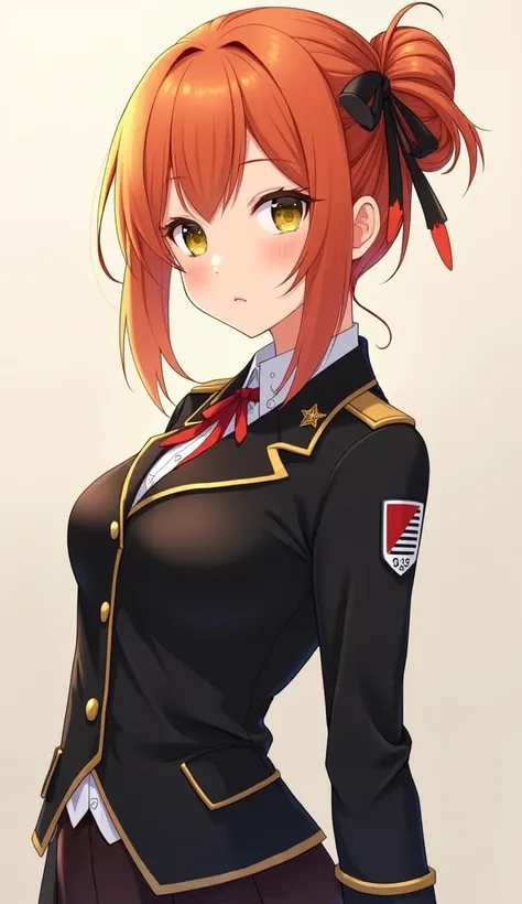  1 girl、solo、 orange hair、Official reserve uniform、 yellow eyes、シングルChignon、ribbon、Finger sleeves、Chignon、オレンジribbon、dot、Wrist sleeve 、Big Breasts、Big Butt、(( best quality)),((masterpiece)),(( Super Fine)),(Illustration),(fine light ),( extremely delicate ...