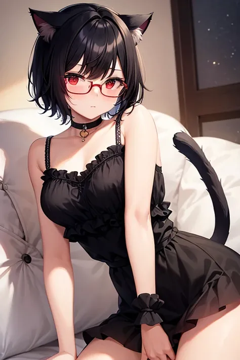  short stature 、Black Hair 、 short hair 、Glasses、lingerie、Cat ears、Cat tail、  is embarrassing、blush、 cute、Red Eye、living 、sofa、Best Quality, masterpiece,  High image quality,  high resolution on down,  anatomically correct, accurate, solo, 