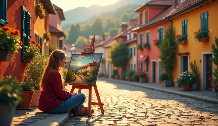 . "A young artist sits on a cobblestone street in a picturesque European village, painting a vibrant landscape of colorful houses with red-tiled roofs. Her canvas captures the charm of the scene, with flowers blooming in windowsills and a golden sunset cas...