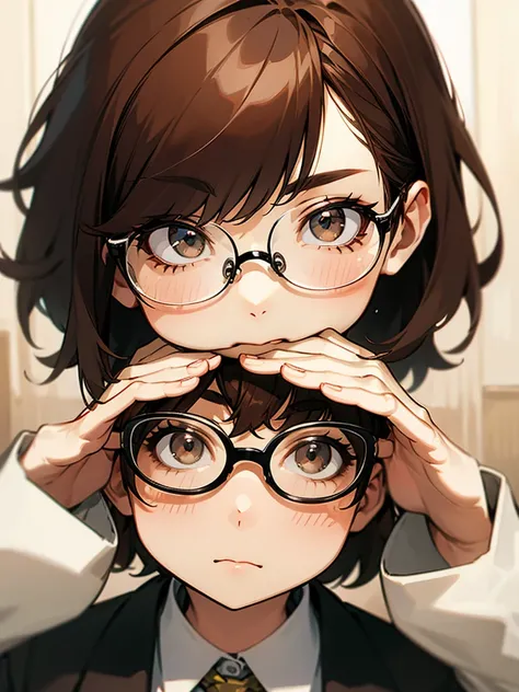 Detective、Brown Hair、 short、Neutral face、glasses、