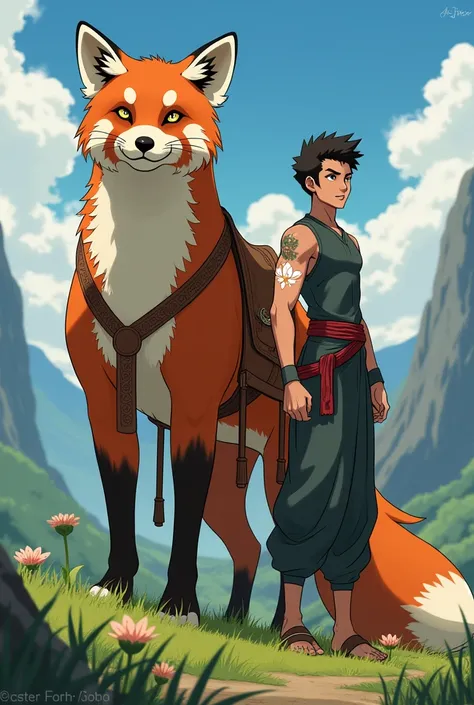 Imagine un homme de 20 ans, Master of the Earth ,  in the style of the anime Avatar .  He has a white lotus tattooed on his arm and he is accompanied by an animal the size of an elephant,  merging a red panda and a fox ,  harnessed with a leather saddle .