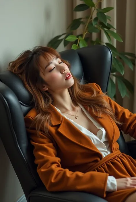 siesta, snooze off, a corner of the office, a Asian beauty lady, sleeping while sitting in an office chair, reclining chair, lie on back, wearing warm autumn fashion, asleep with clothes on, skirt is riding up to her thighs, thighs are exposed, closed eyes...