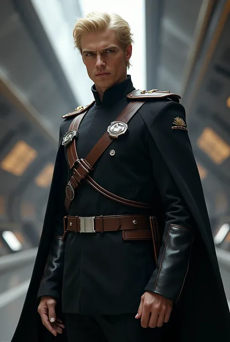 A blond imperial officer of the empire army from starwars. Alluring commanding pose. Dressed in imperial officer uniform