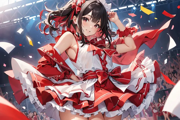 girl in red and white idol costume、 black hair、 Mini Skirt、 live stage、Confetti、