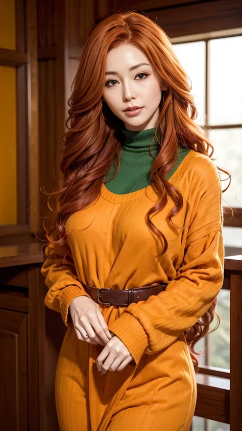 there is a woman with red hair and a green sweater, long wavy orange hair, orange hair, bright orange hair, long orange hair, orange glowing hair, she has long redorange hair, the hime cut, with curly red hair, she has long orange brown hair, orange flowin...