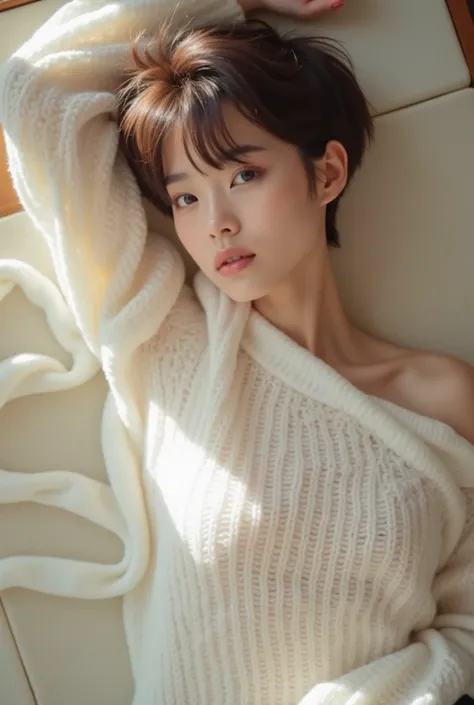  professional photographer，  close-up of a woman lying on tatami mats in a Japanese-style room 、weak々A strange state, kiko mizuhara, Wear a sweater, Shirahime、Cutting brown hair, Wear a sweater,   YOUNG BEAUTIFUL GIRL ,   Japanese model,  ゆるっとした白く薄手の透けているW...