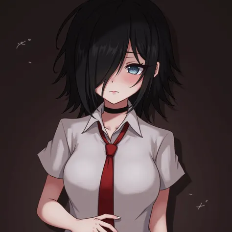 (1girl),japanese,black hair,hair over one eye,curi inside hair,middle messy hair,break,light blue eyes,break,[red eyeshadow],break,slender, choker,break,(short sleeve button shirt over .naked),(Undressing:1.2),Unraveled Red Tie,(flat chest:1.2),(ahegao blu...