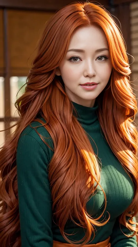 there is a woman with red hair and a green sweater, long wavy orange hair, orange hair, bright orange hair, long orange hair, orange glowing hair, she has long redorange hair, the hime cut, with curly red hair, she has long orange brown hair, orange flowin...