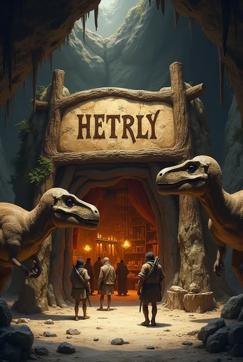 a clothing store in a Stone Age cave with a Names sign in front of which dinosaurs stand