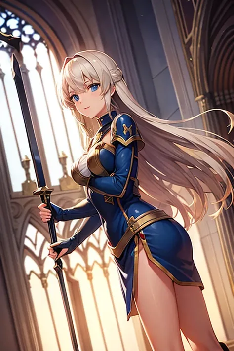  best quality,Beautiful Girl Hero, fantasy standing in a church,battle,Swordsman,Light clothing,brave,happy,Hostile