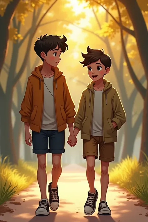 A boy named Theo with white skin, beautiful brown eyes, short wolf cut hair and a small scar near his jaw., with clothes in the style of y2k style clothes shein walking holding hands with her boyfriend hugo in a park theo was short average 157 while his pa...