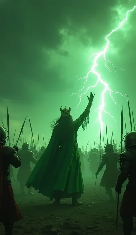  A tense battle scene in which the Green Queen confronts the invading forces. He raised his hand ,  summoning a violent storm with dark clouds , Flash of lightning,  and strong winds engulfing enemy troops ."