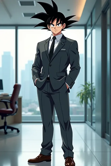 Goku in dress clothes in an office