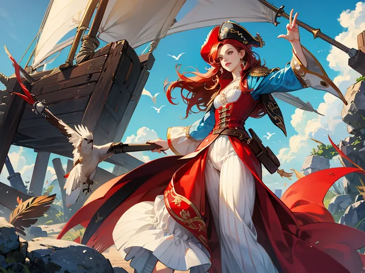 a pirate woman with a bird, red curly hair, pirate clothes with pants, feathers, jewelry, pearls, tought personality, bright blue sky