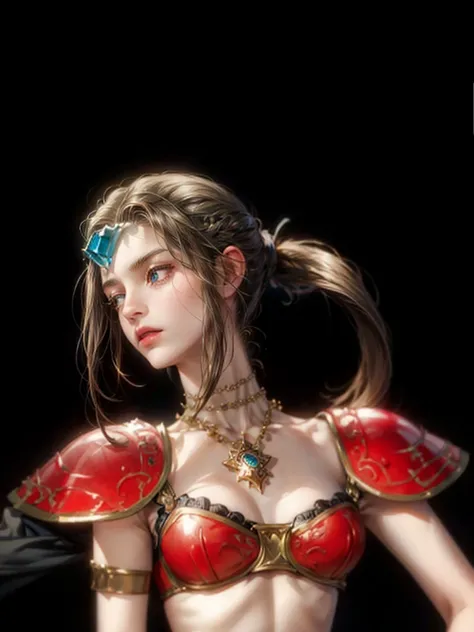 (absurdres, highres, ultra detailed, HDR), masterpiece, perfect face, detailed face, intricate details, extremely detailed character profile, best quality close-up picture, fire emblem character, rpg, dark skin, mercenary girl outfit, red armor, blue gem d...