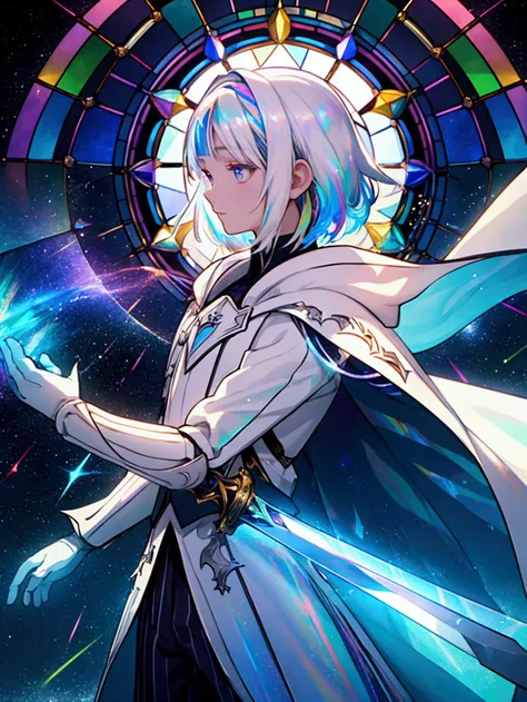 Alone、 **** young man accompanied by ,arms(With a long sword),brilliance -v1 、  wears white cloak  、 shorthair、Silvery white hair, Dark Eyes, auroras shine  、  sparkling light of the rainbow  、((  Holographic  )),milky way, (Stripes of light),   impressive...