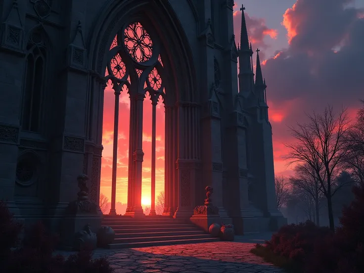 A gothic cathedral window in the style of the Bloodborne video game. It is sunset.  