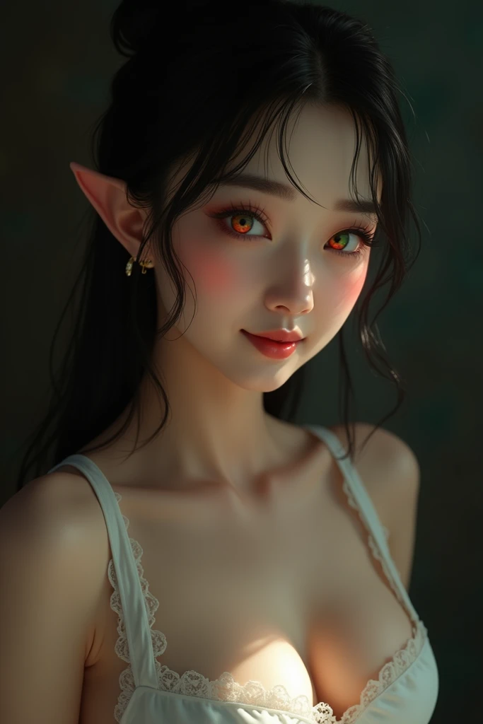 Une jolie fille asiatique avec un visage rond est une faucette au menton, un œil vert est un rouge lumineux, avec des petite oreille d’elf est une petit boucle d’oreille sur l’oreille droite, elle a aussi une poitrine généreuse avec des seins ferme qui ne ...