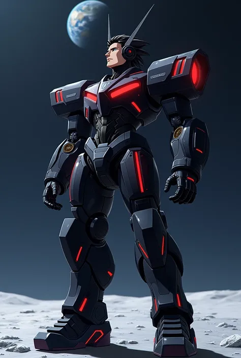 Japanese anime official art style. A male character wearing a robot suit inspired by a massive black missile. The suit features a sleek, metallic armor design with a black base color, accented by glowing red lines embedded in the chest, shoulders, arms, an...