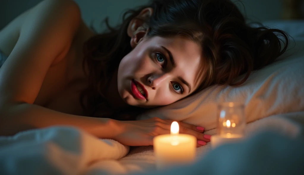 A close-up of a young woman lying in her bed, her expression peaceful but intense, as she prepares for an astral projection. Candles flicker on a bedside table, and soft, warm light fills the room, giving it a mystical atmosphere. Use the reference image f...